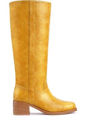Women Banana Yellow Square Toe Chunky Block Heel Wide Calf Riding Knee High Boot